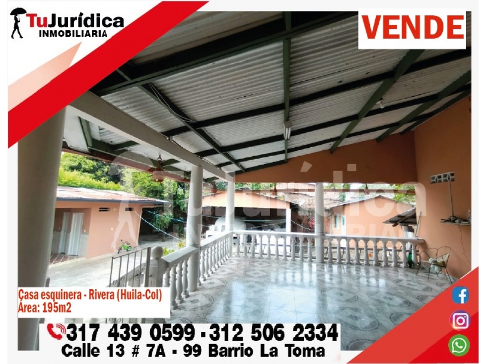 SE VENDE HERMOSA CASA LOTE ESQUINERA - RIVERA (HUILA -COLOMBIA)