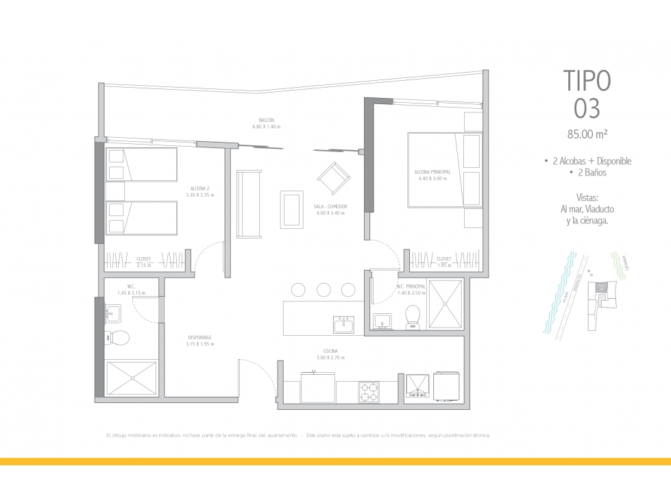 VENTA CESIÓN DE APARTAMENTO DE 2 ALCOBAS TURISTICO EN CIELO MAR