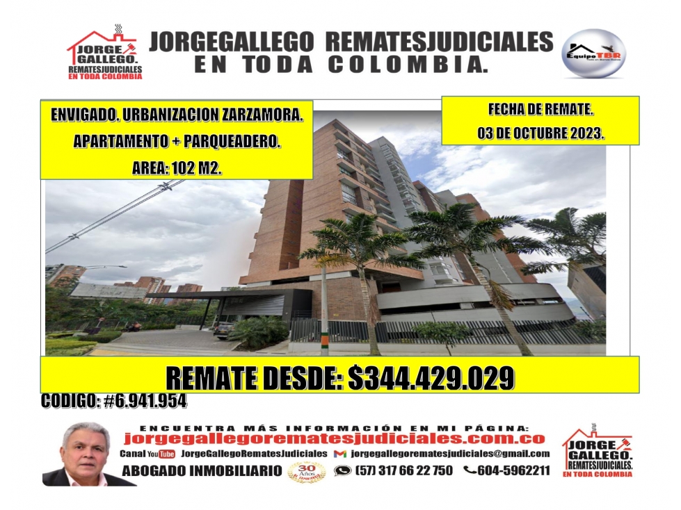 Remate. Envigado. Urbanizacion Zarzamora. Apartamento. 102 M2.