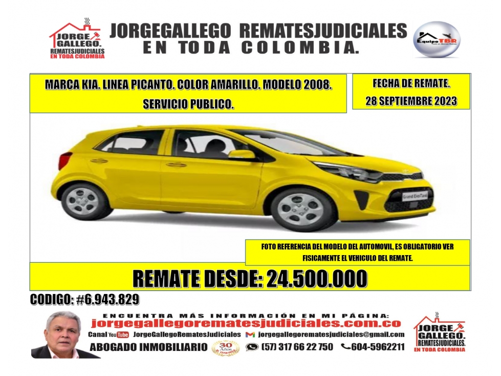 Remate. Marca Kia. Linea Picanto. Color Amarillo. Servicio Publico.