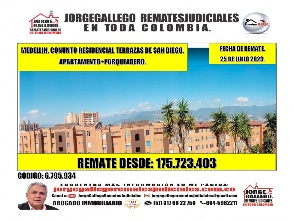 Remate. Medellin. Terrazas de San Diego. Apartamento + Parqueadero