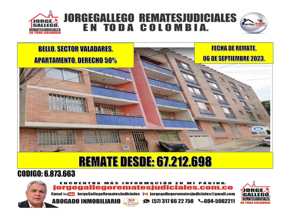 Remate. Bello. Sector Valadares. Apartamento. Derecho 50%