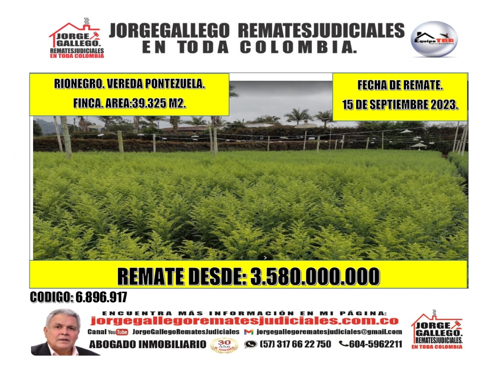 Remate. Rionegro. Vda Pontezuela Finca Area 39.325 m2