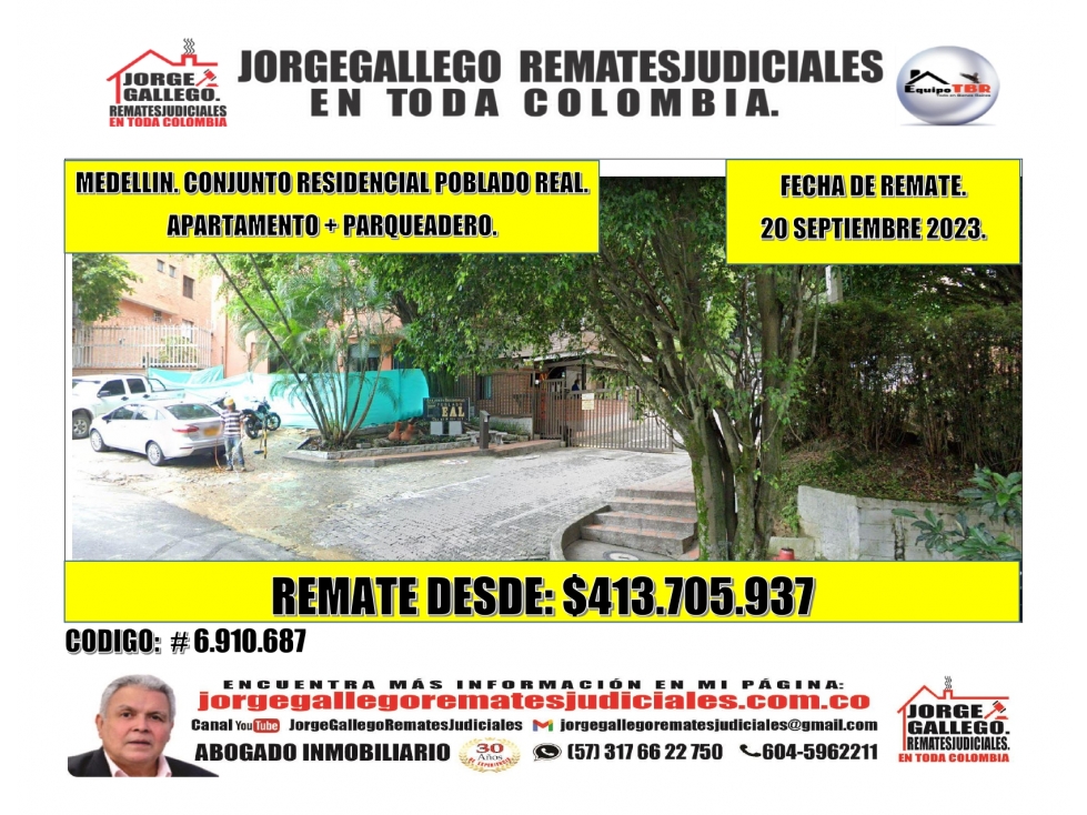 Remate. Poblado. Conjunto Residencial Poblado Real Apto+Parqueadero