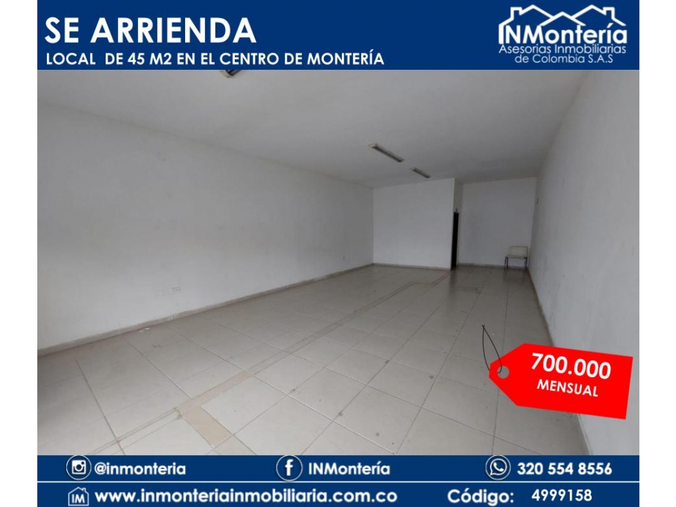 SE ARRIENDA LOCAL COMERCIAL DE 45m2 EN LA ZONA CENTRO DE MONTERÍA