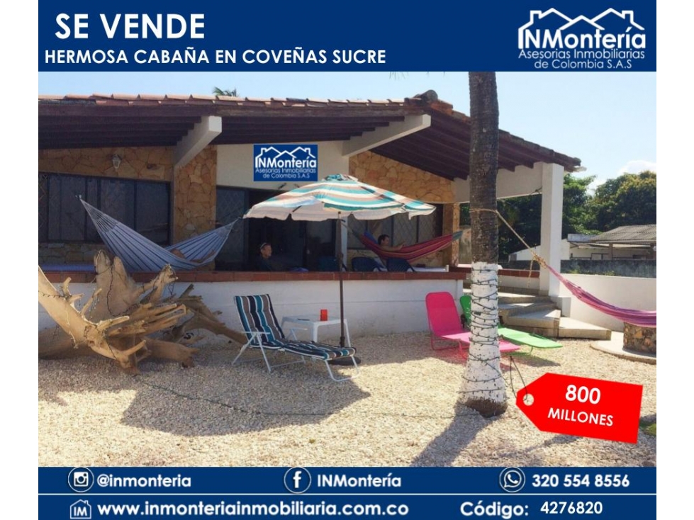 SE VENDE CABAÑA EN COVEÑAS SUCRE FRENTE A LA PLAYA