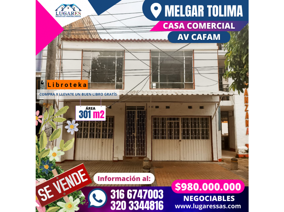 CASA EN VENTA  DE 303 m2 EN MELGAR TOLIMA AV CAFAM (URBANA)