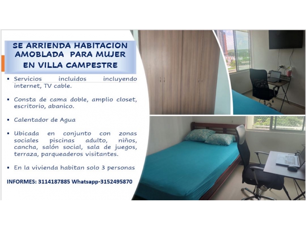 SE ALQUILA HABITACIÓN AMOBLADA EN VILLA CAMPESTRE